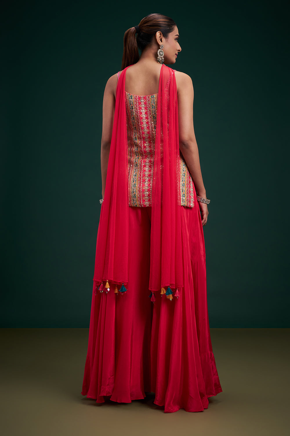 Fuchsia Crepe Indo-Western Suit with Mirror Work