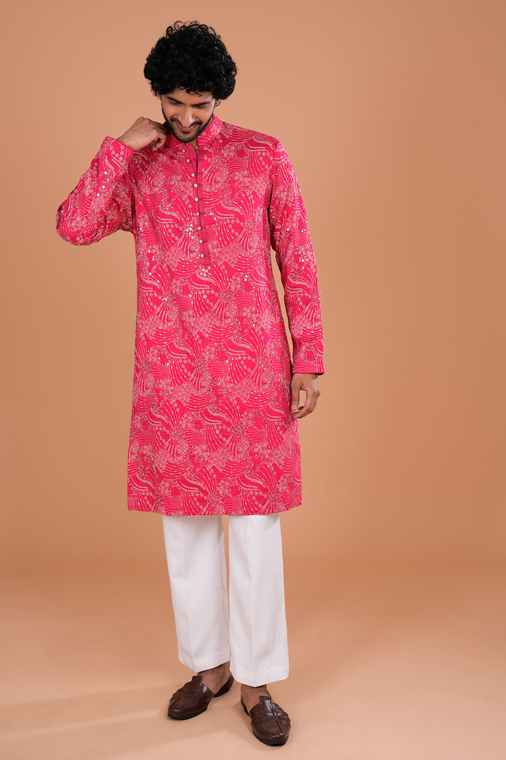 Fuchsia Embroidered Silk Men's Kurta Set