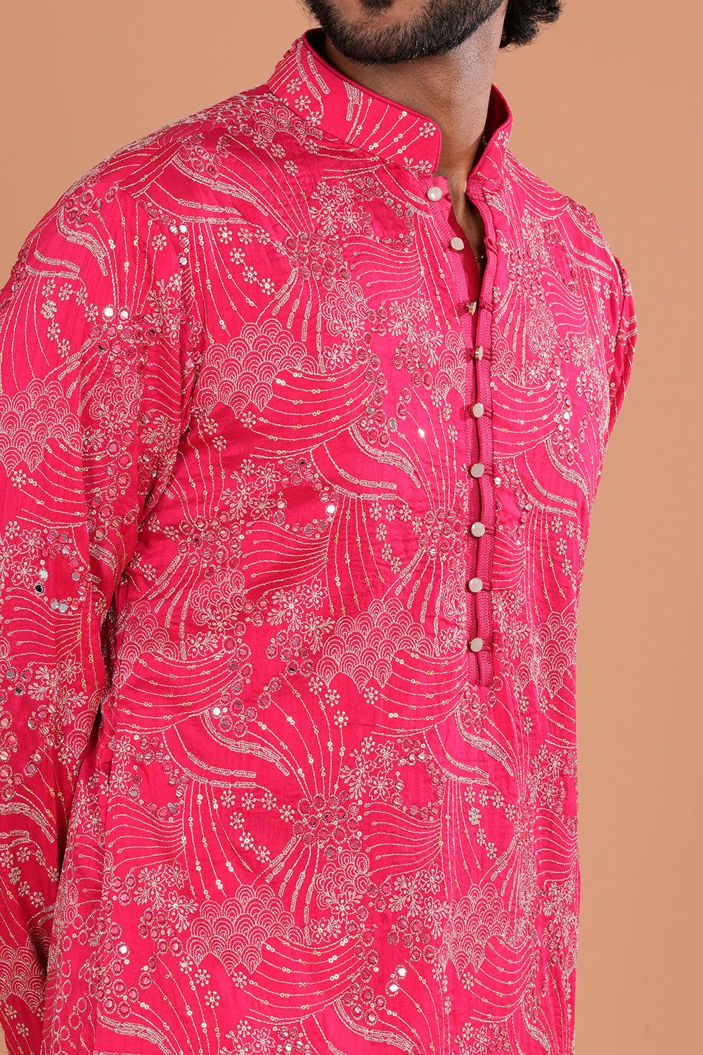 Fuchsia Embroidered Silk Men's Kurta Set