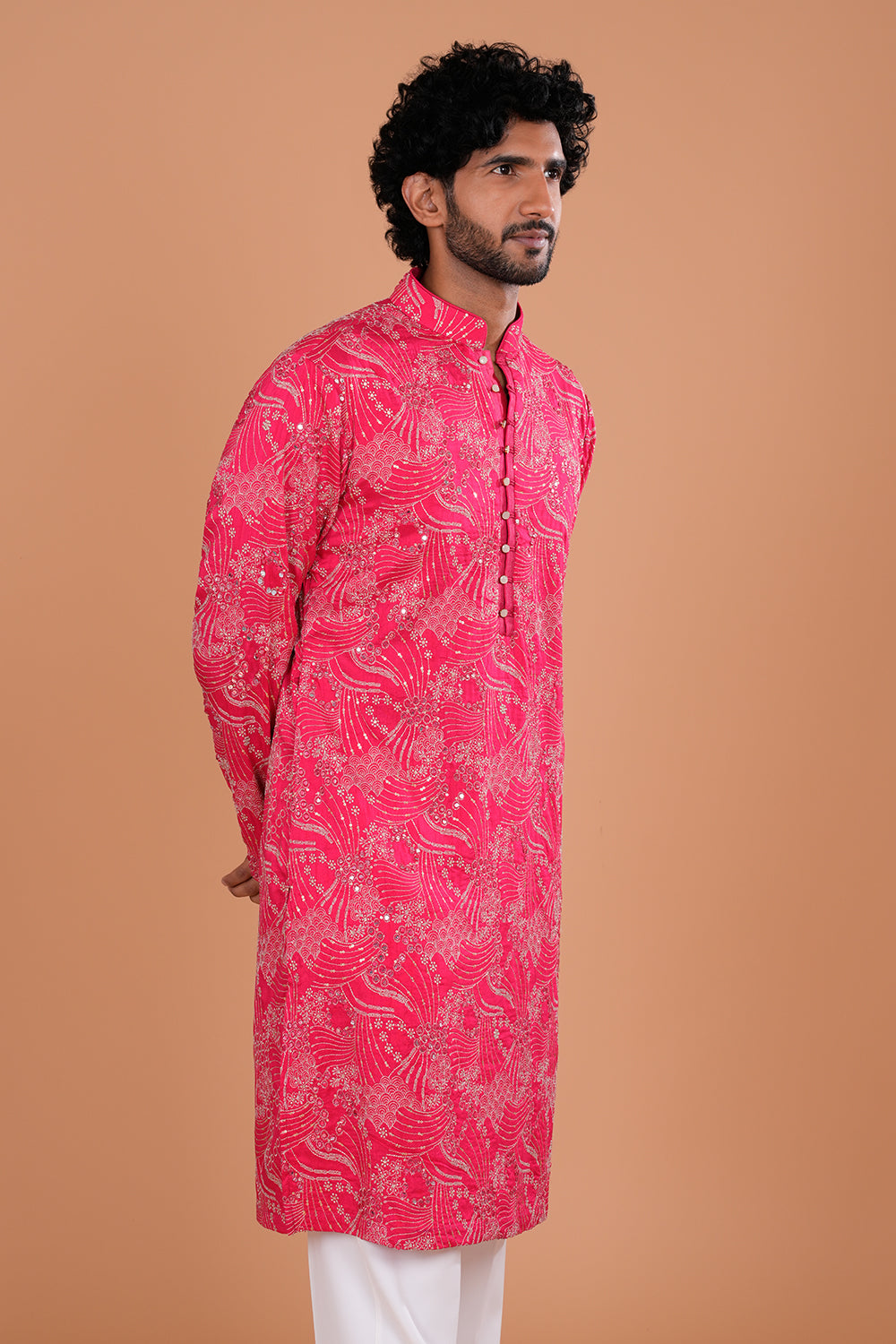 Fuchsia Embroidered Silk Men's Kurta Set