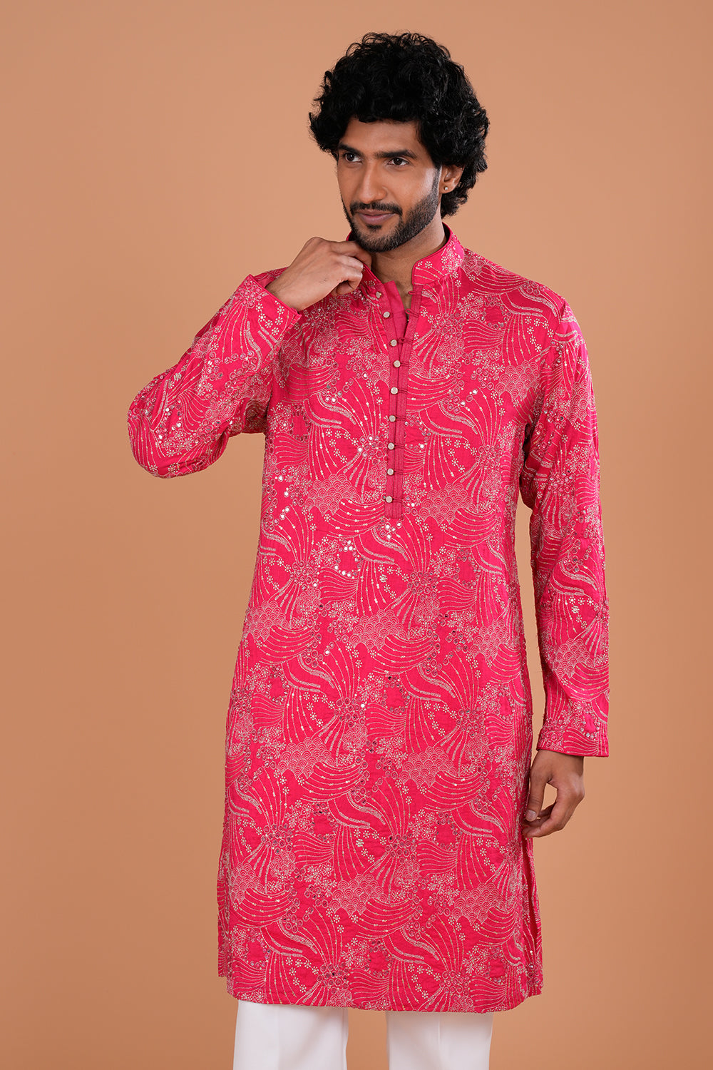 Fuchsia Embroidered Silk Men's Kurta Set