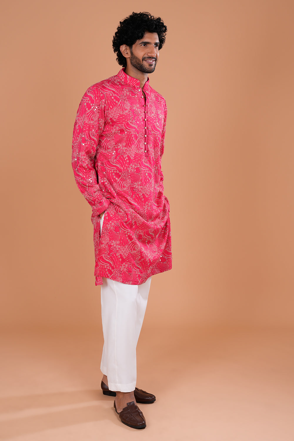 Fuchsia Embroidered Silk Men's Kurta Set