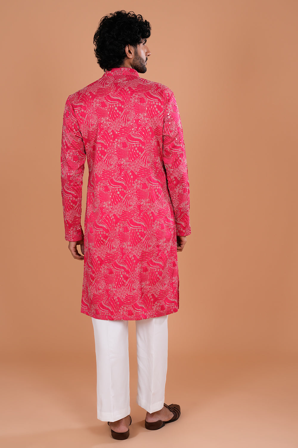 Fuchsia Embroidered Silk Men's Kurta Set