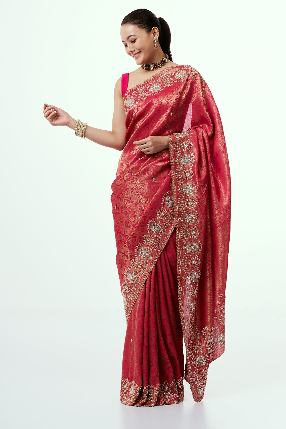Fuchsia Pink Brocade Silk Saree with Beadwork