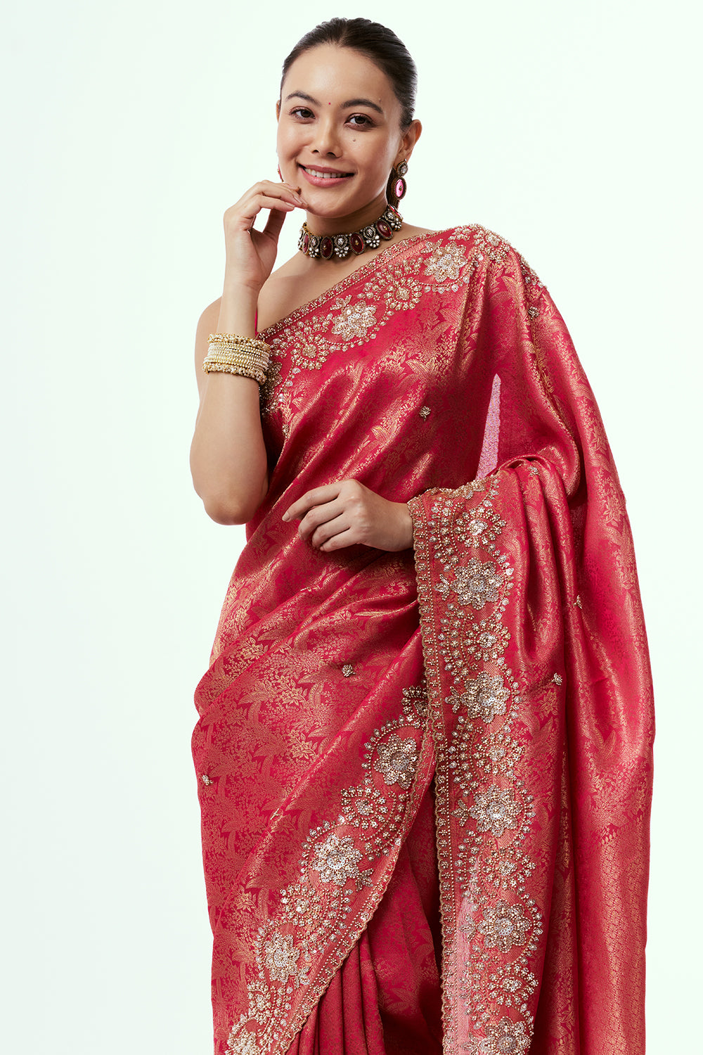 Fuchsia Pink Brocade Silk Saree with Beadwork