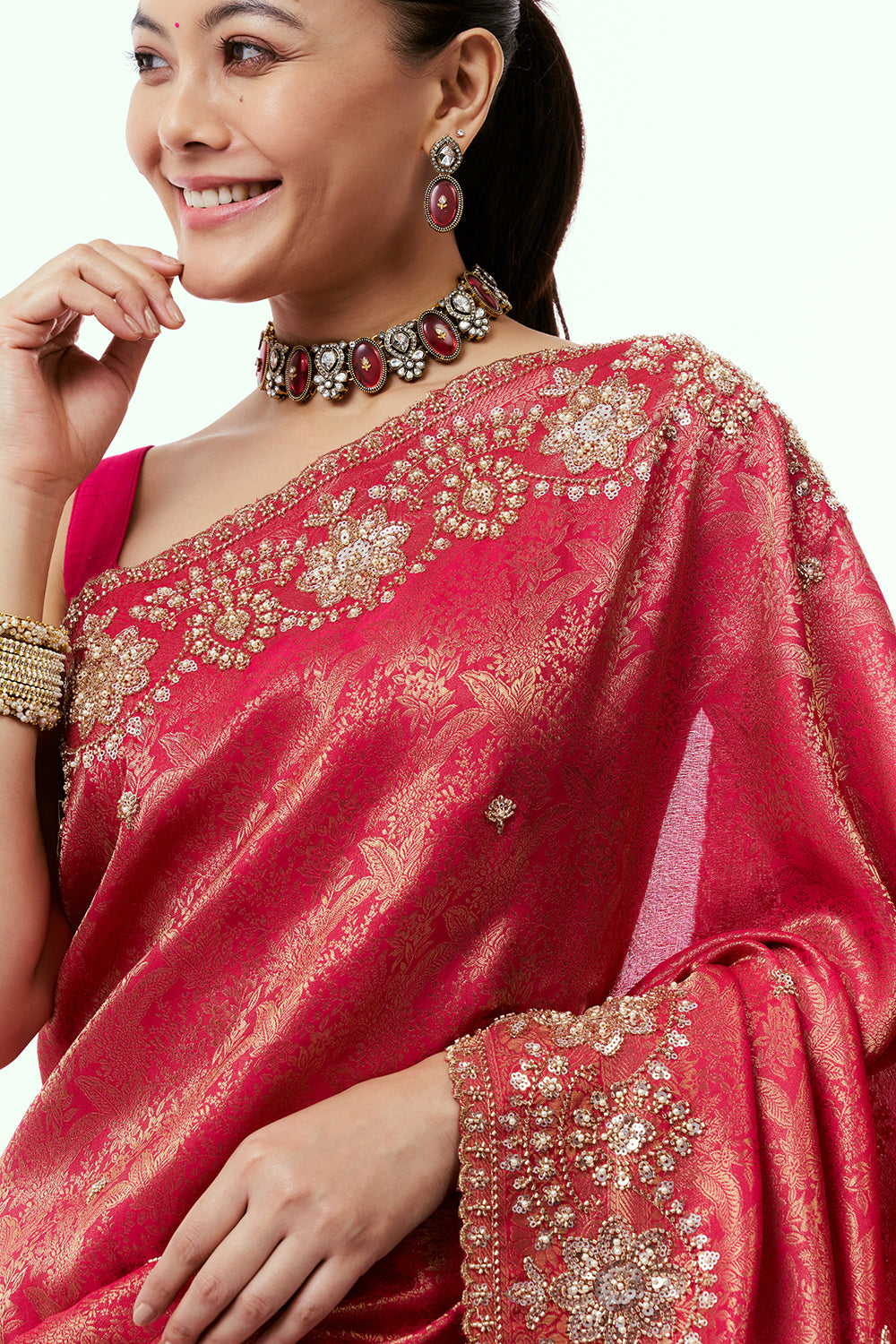 Fuchsia Pink Brocade Silk Saree with Beadwork