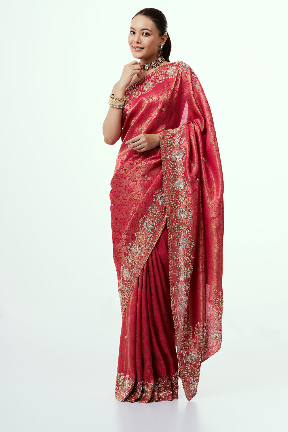 Fuchsia Pink Brocade Silk Saree with Beadwork