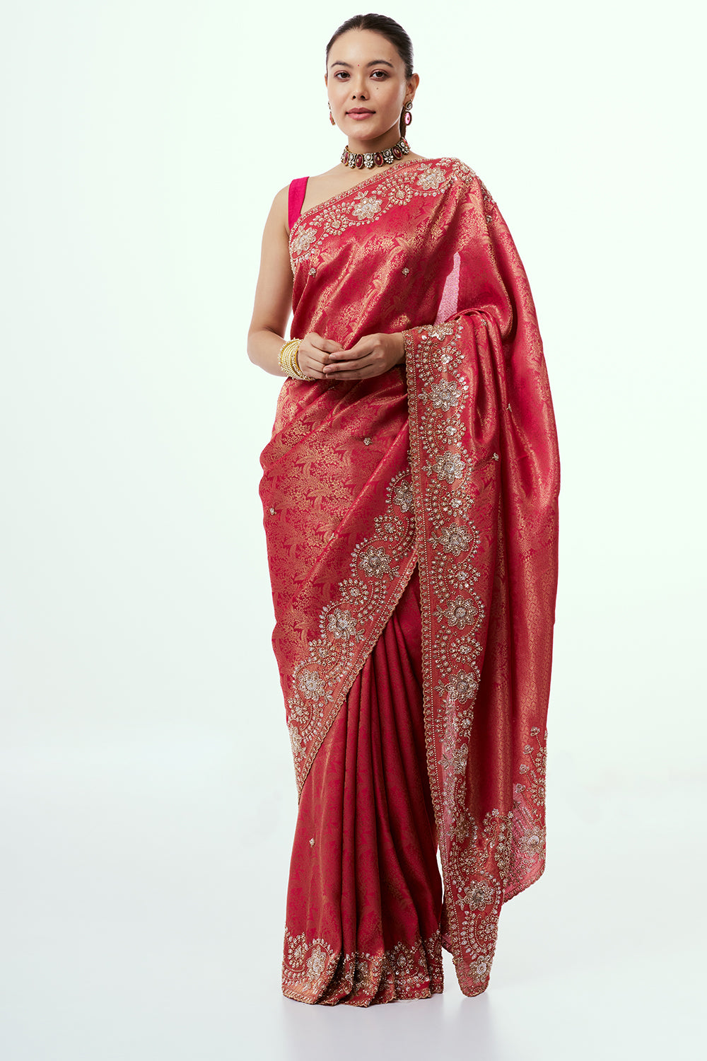 Fuchsia Pink Brocade Silk Saree with Beadwork