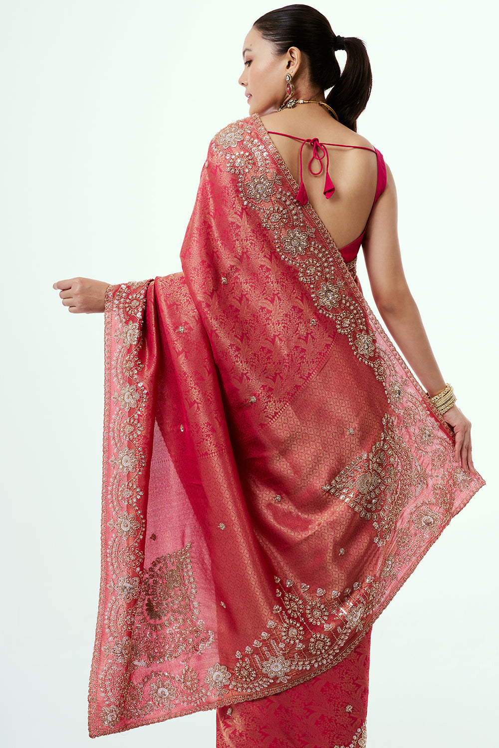 Fuchsia Pink Brocade Silk Saree with Beadwork