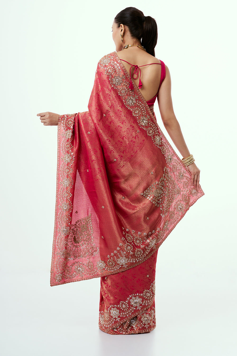 Fuchsia Pink Brocade Silk Saree with Beadwork