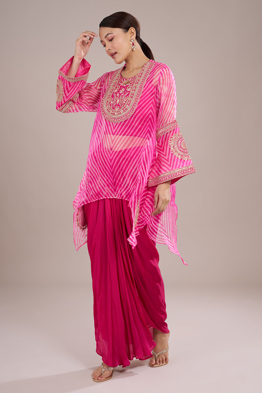 Fuchsia Pink Georgette Draped Kurta Set with Zari Embroidery