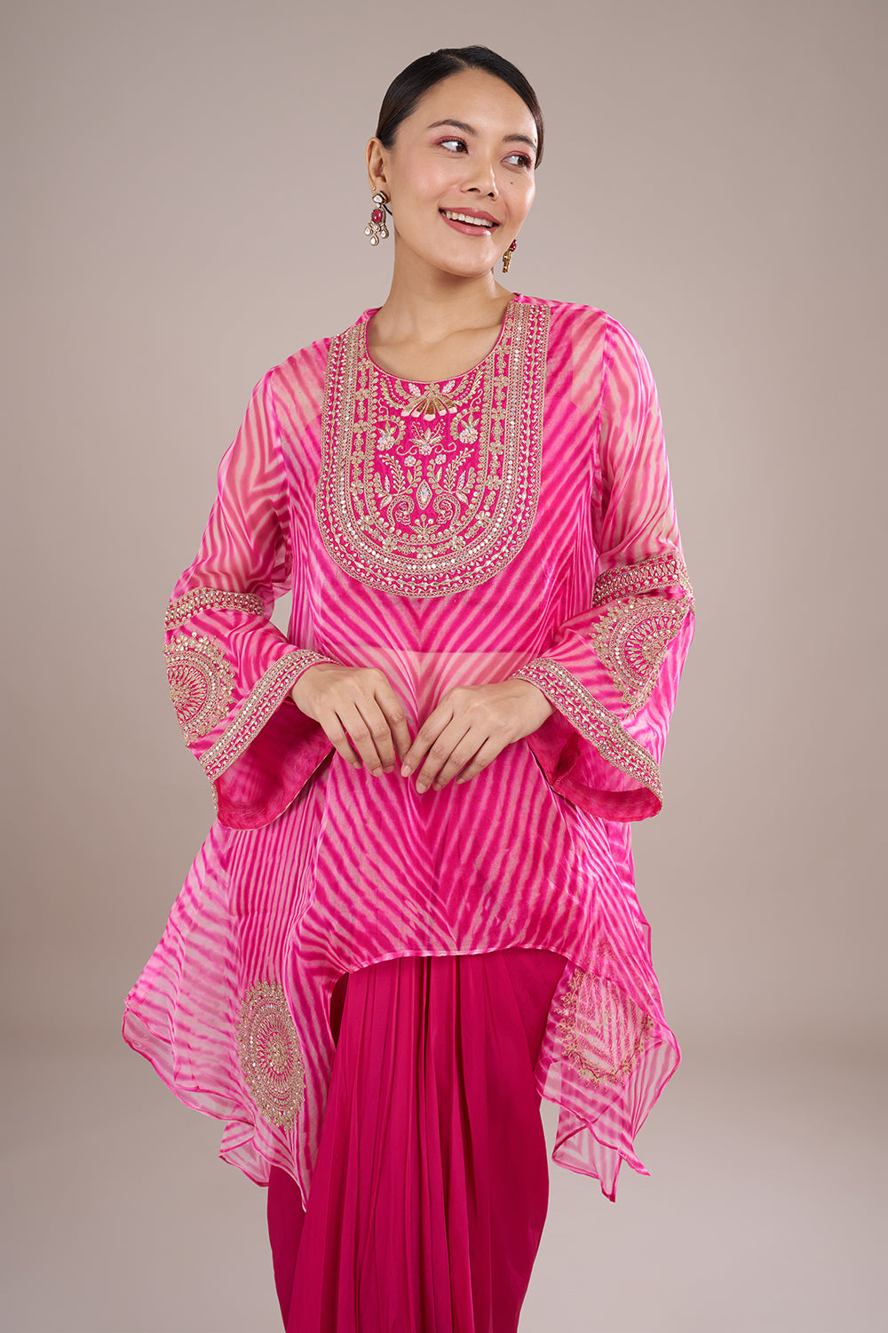Fuchsia Pink Georgette Draped Kurta Set with Zari Embroidery