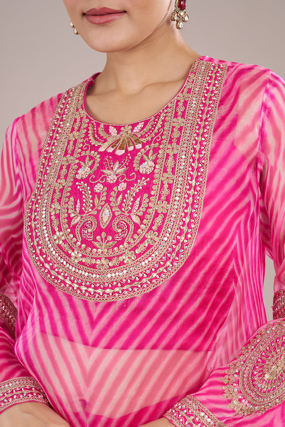 Fuchsia Pink Georgette Draped Kurta Set with Zari Embroidery