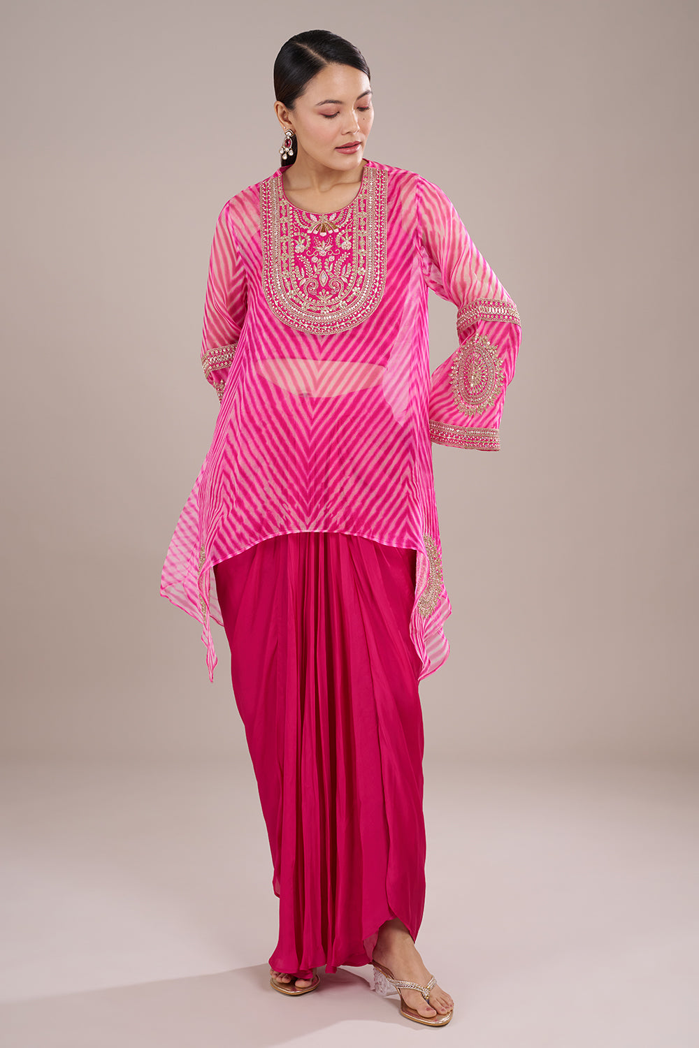 Fuchsia Pink Georgette Draped Kurta Set with Zari Embroidery
