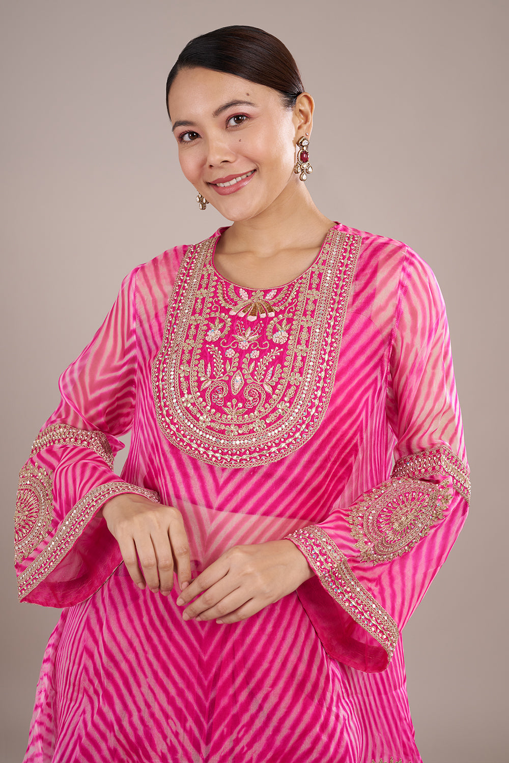 Fuchsia Pink Georgette Draped Kurta Set with Zari Embroidery