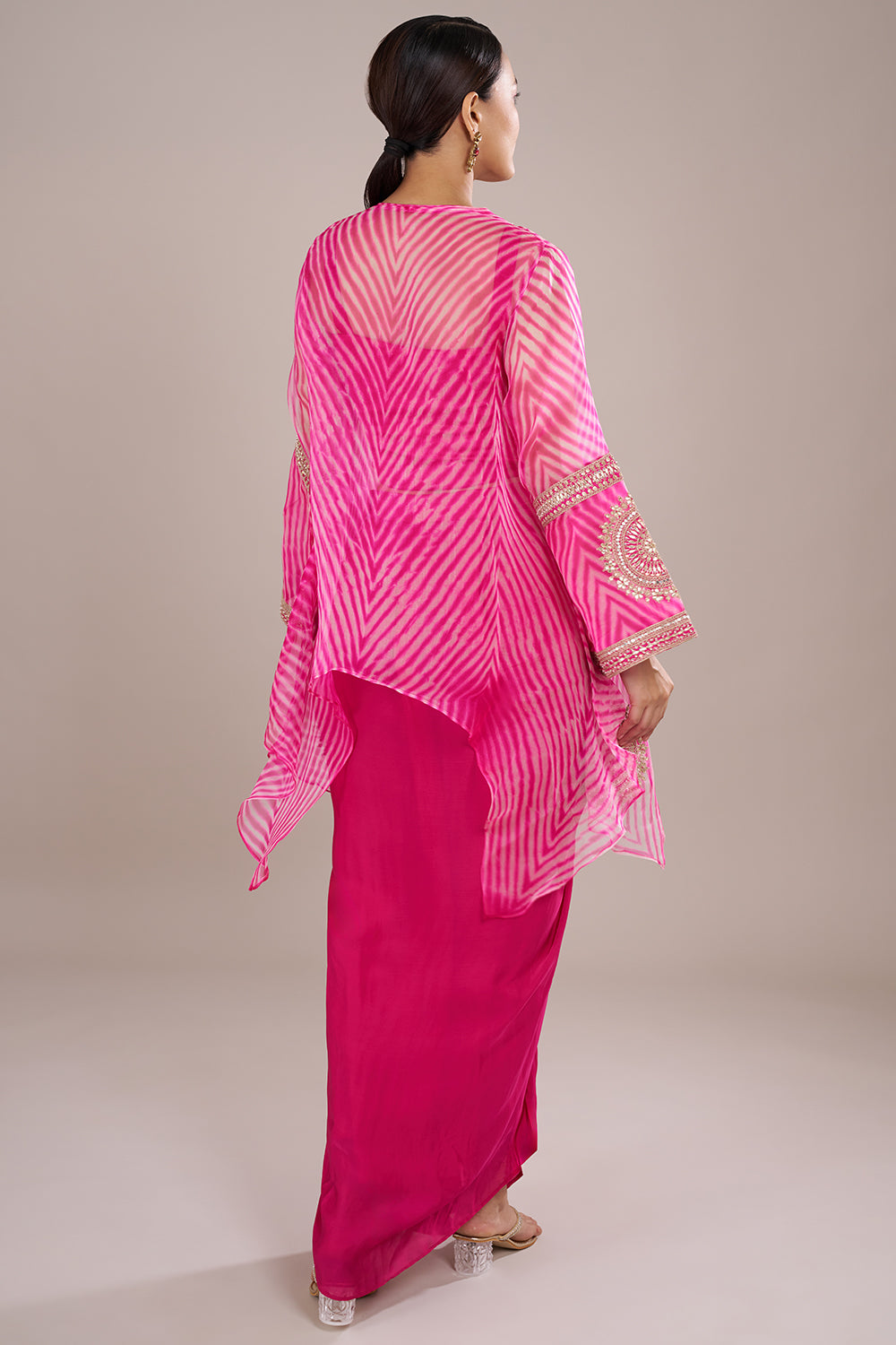 Fuchsia Pink Georgette Draped Kurta Set with Zari Embroidery