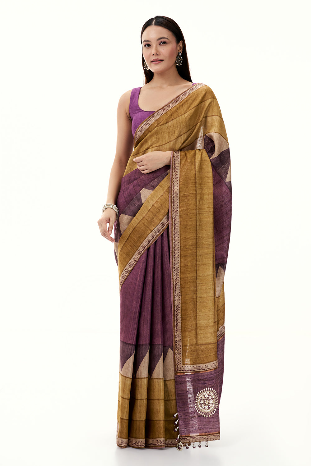 Gold and Purple Printed Tussar Saree with Mirror Work