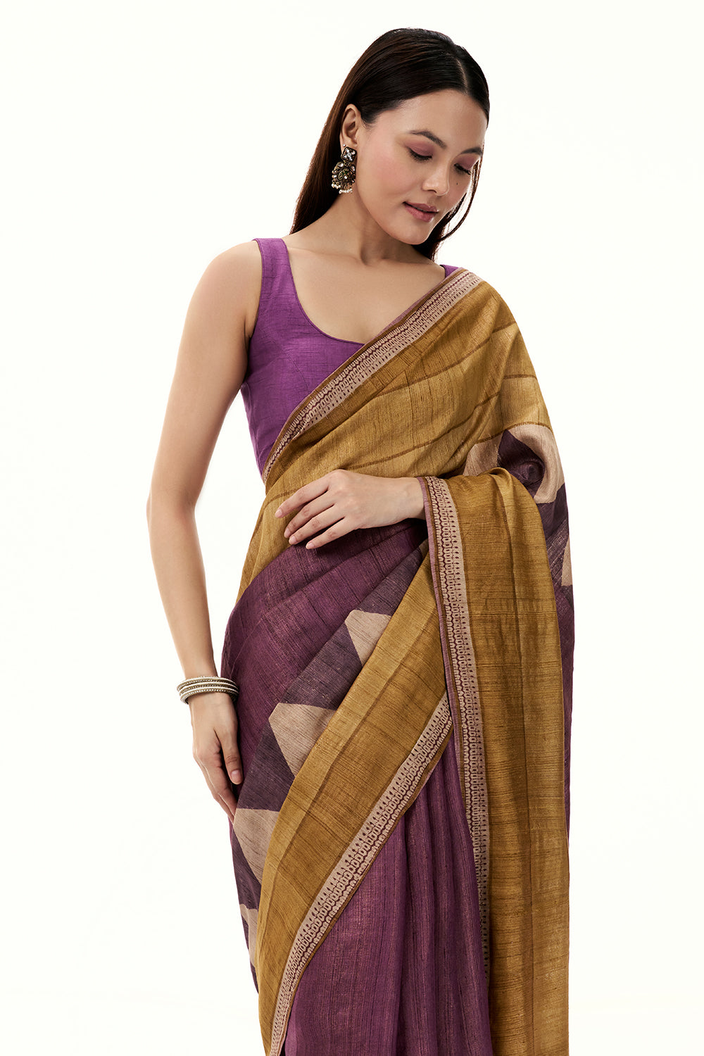 Gold and Purple Printed Tussar Saree with Mirror Work