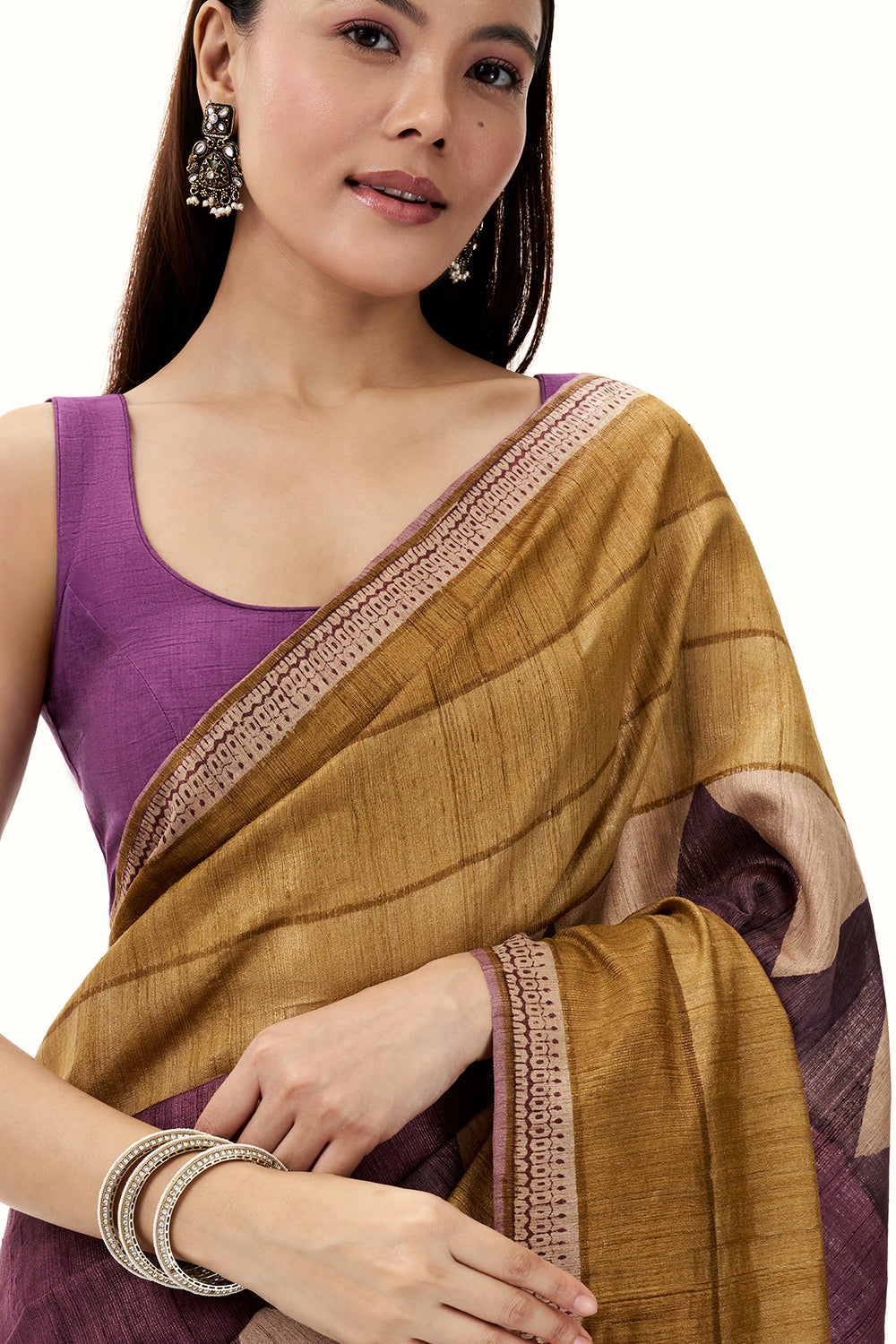 Gold and Purple Printed Tussar Saree with Mirror Work
