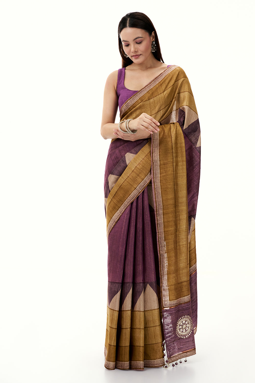 Gold and Purple Printed Tussar Saree with Mirror Work