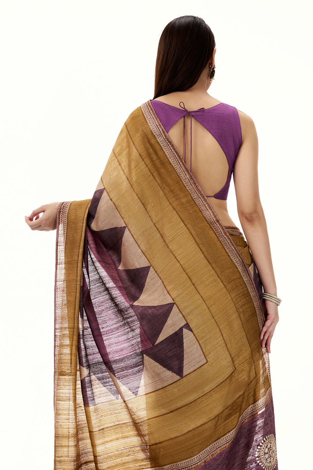 Gold and Purple Printed Tussar Saree with Mirror Work
