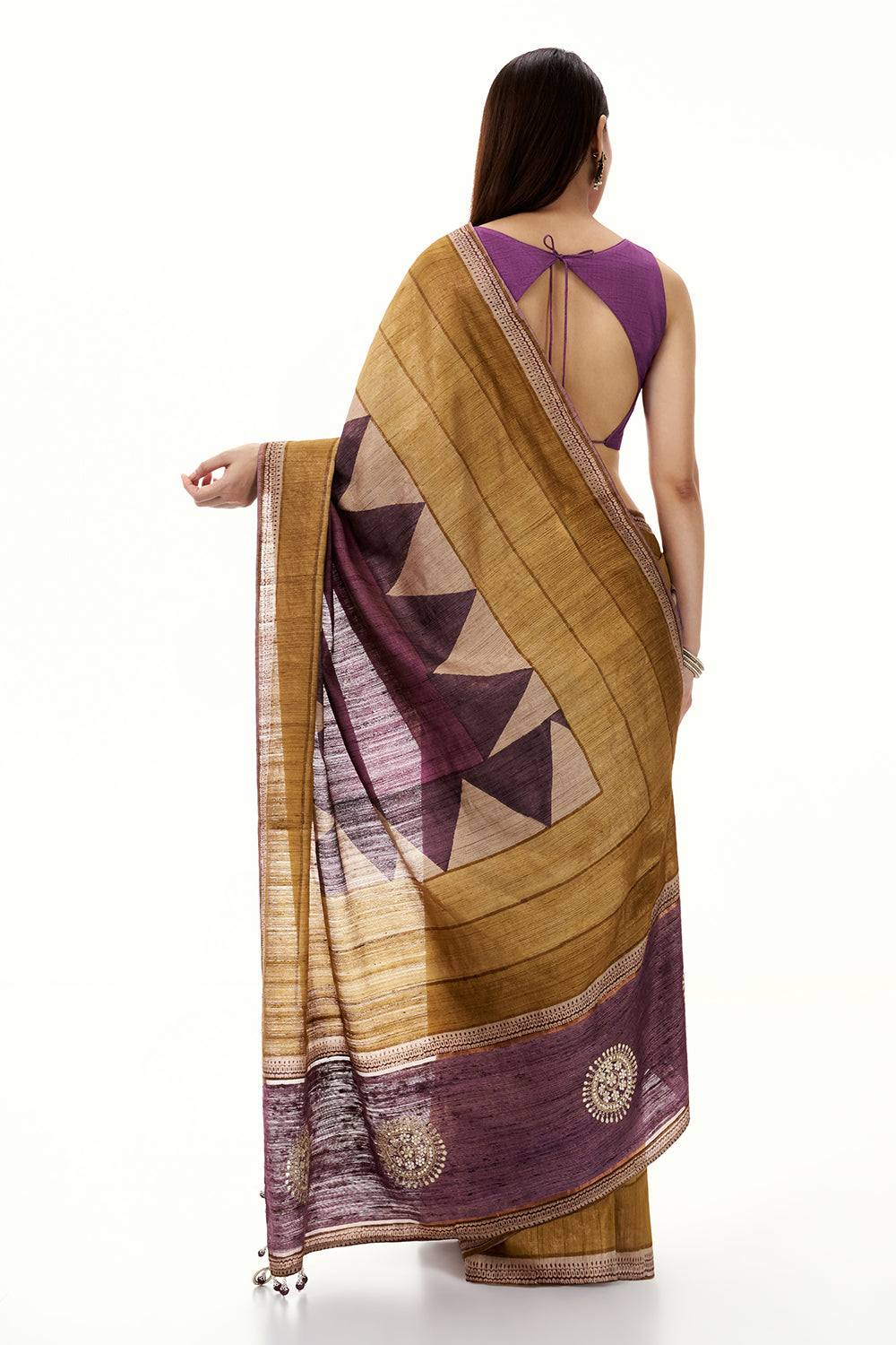 Gold and Purple Printed Tussar Saree with Mirror Work