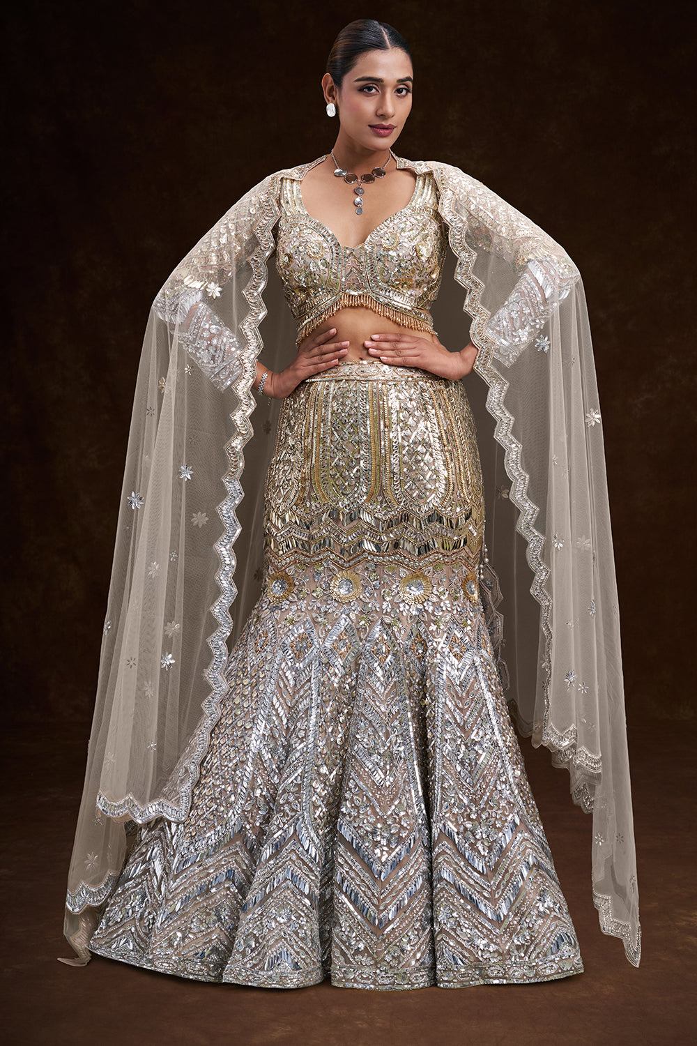 Gold and Silver Ombré Net Bridal Lehenga with 3D Floral Embellishments