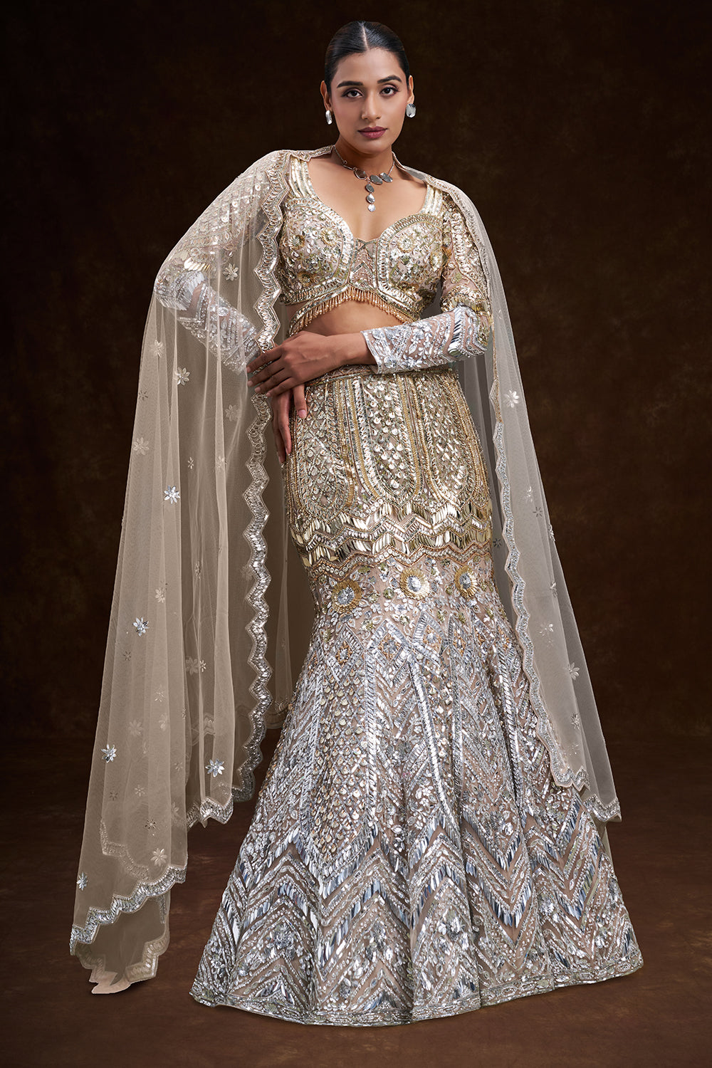 Gold and Silver Ombré Net Bridal Lehenga with 3D Floral Embellishments
