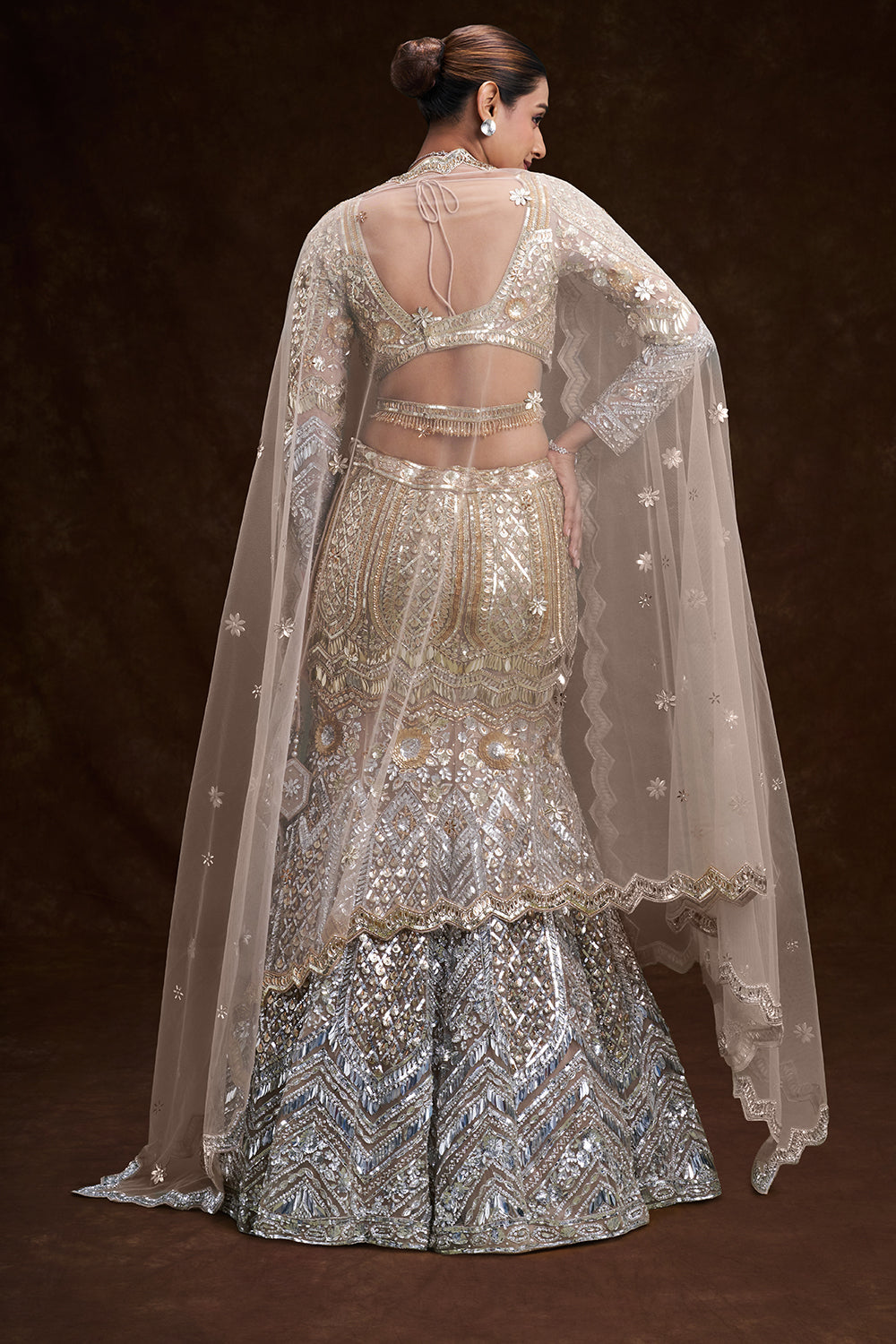 Gold and Silver Ombré Net Bridal Lehenga with 3D Floral Embellishments