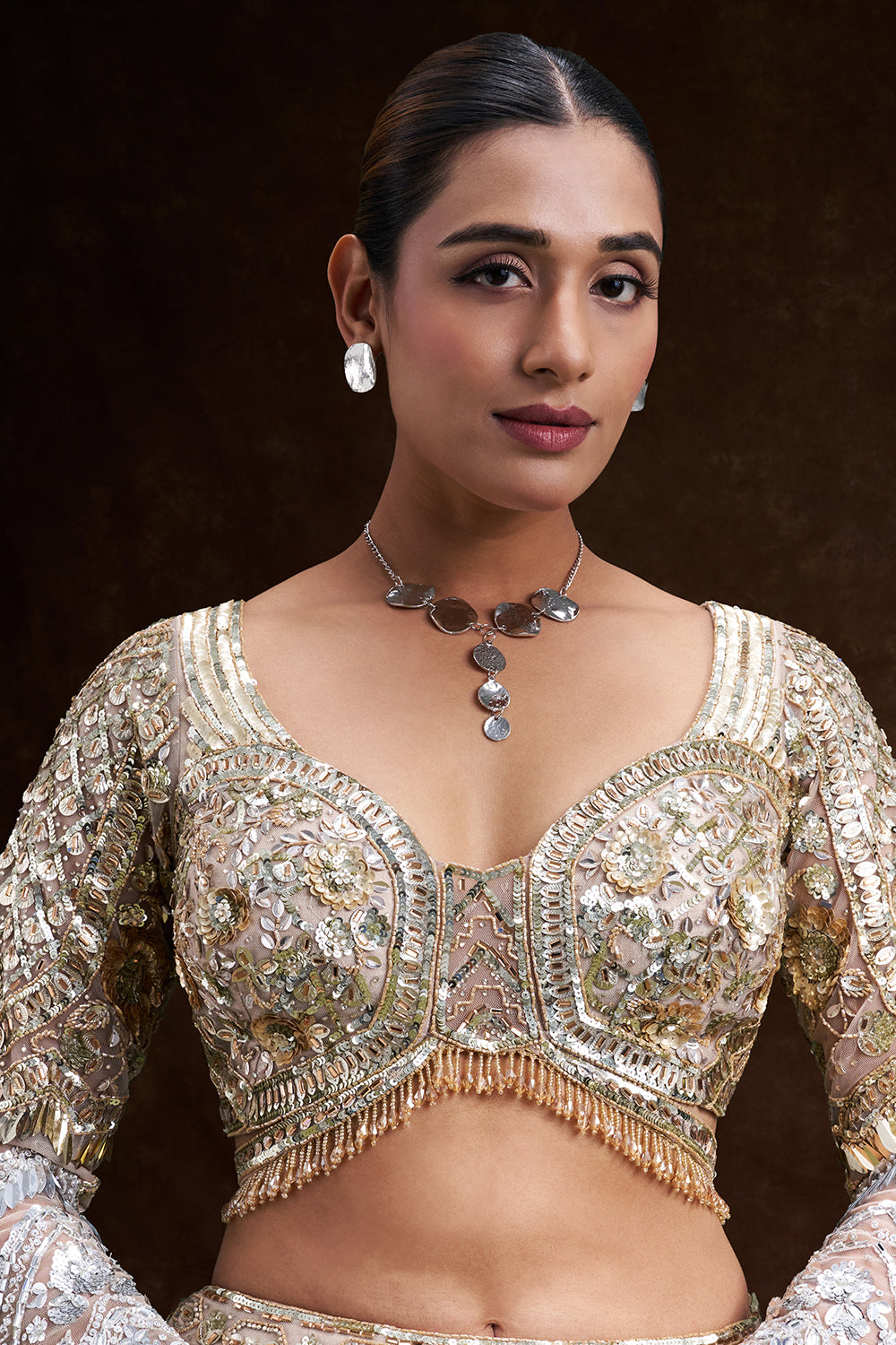 Gold and Silver Ombré Net Bridal Lehenga with 3D Floral Embellishments