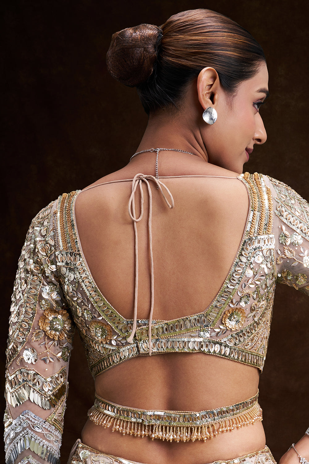 Gold and Silver Ombré Net Bridal Lehenga with 3D Floral Embellishments