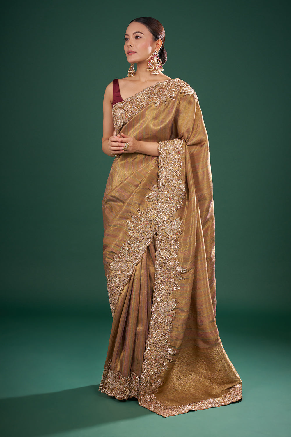 Gold Banarasi Brocade Saree with Zardozi Hand Embroidery and Unstitched Blouse