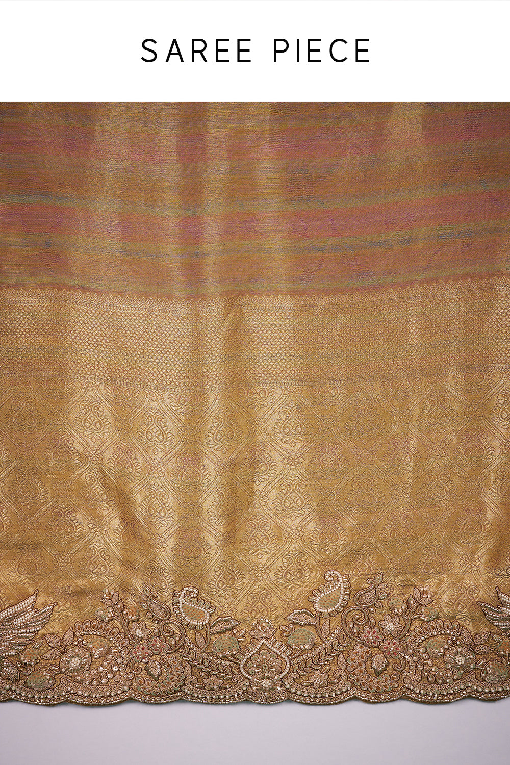 Gold Banarasi Brocade Saree with Zardozi Hand Embroidery and Unstitched Blouse