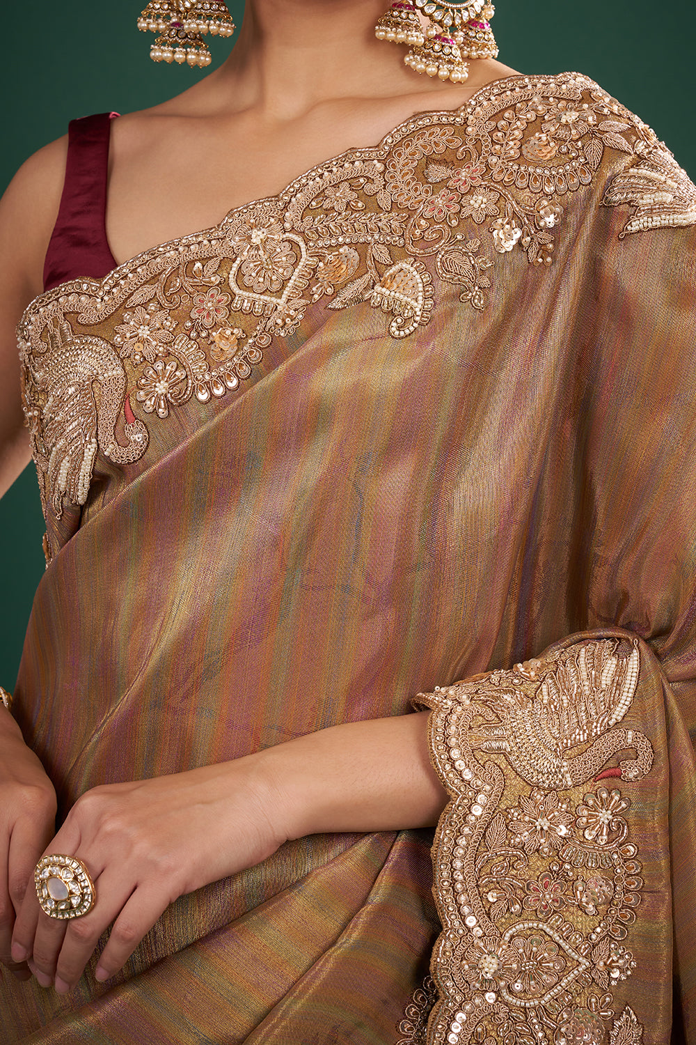 Gold Banarasi Brocade Saree with Zardozi Hand Embroidery and Unstitched Blouse