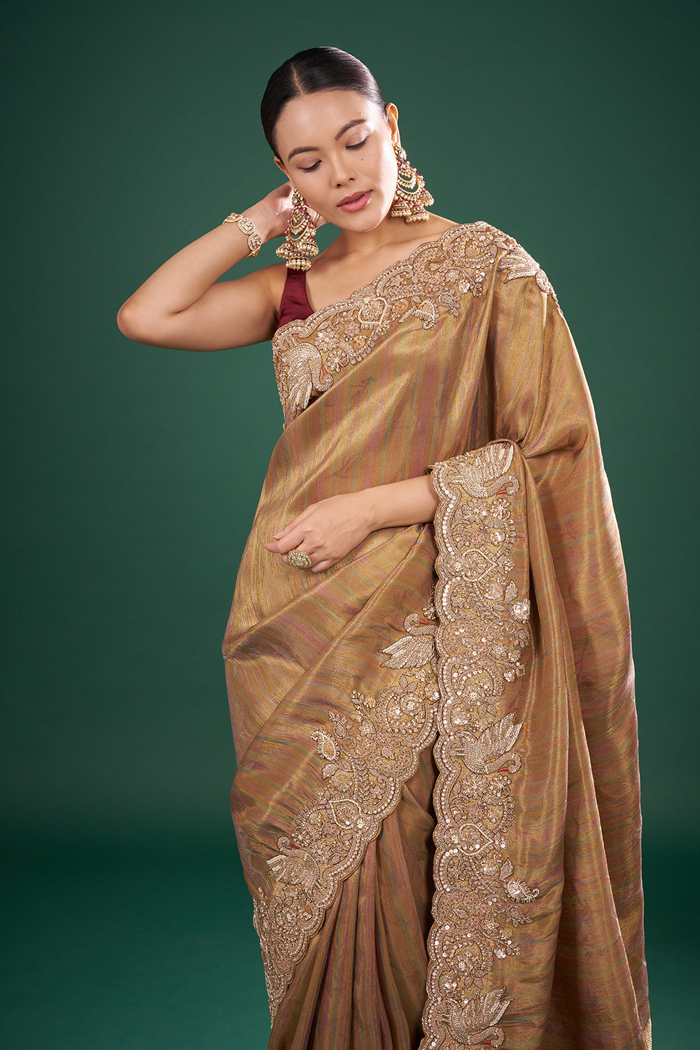 Gold Banarasi Brocade Saree with Zardozi Hand Embroidery and Unstitched Blouse
