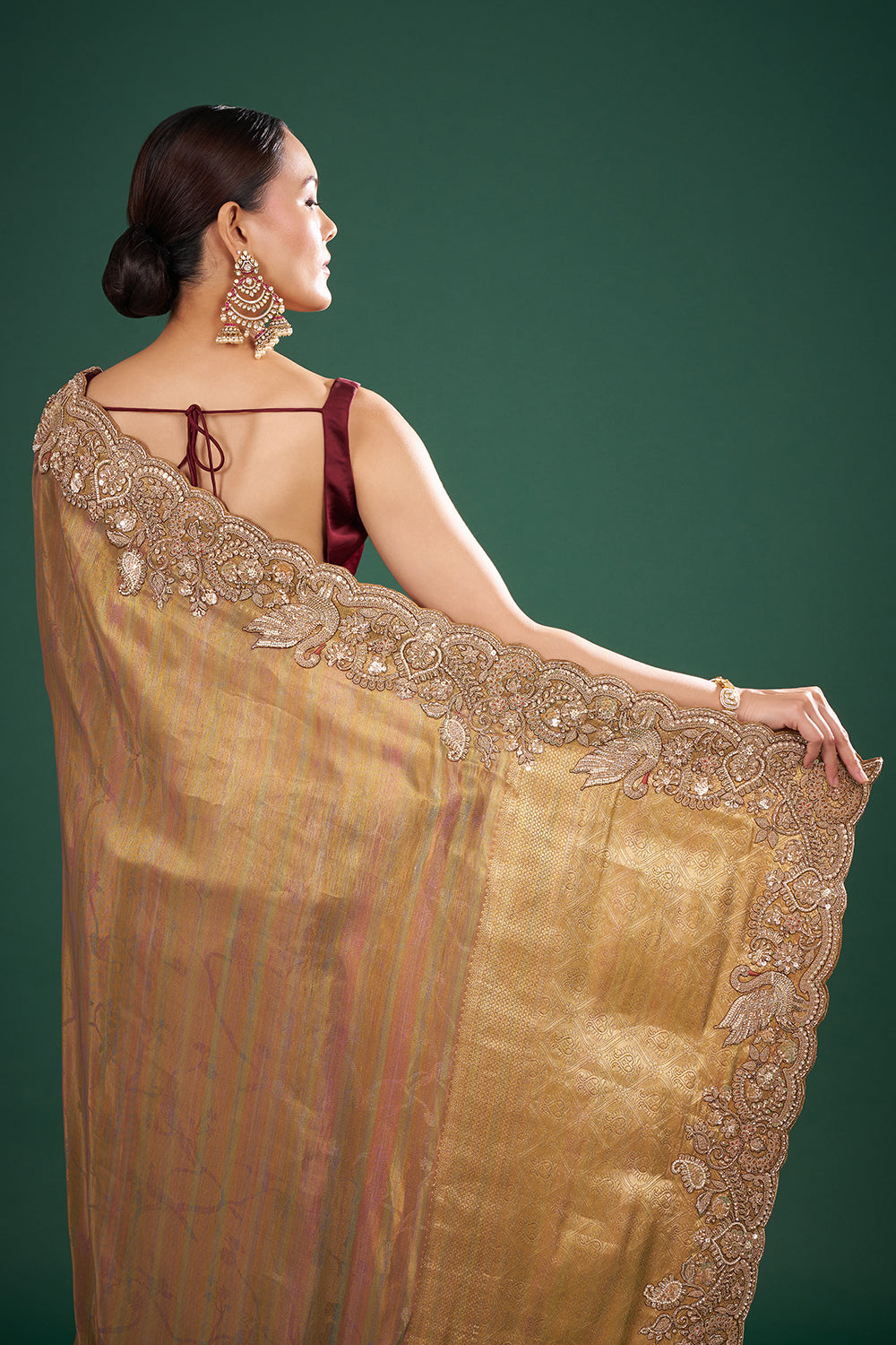Gold Banarasi Brocade Saree with Zardozi Hand Embroidery and Unstitched Blouse