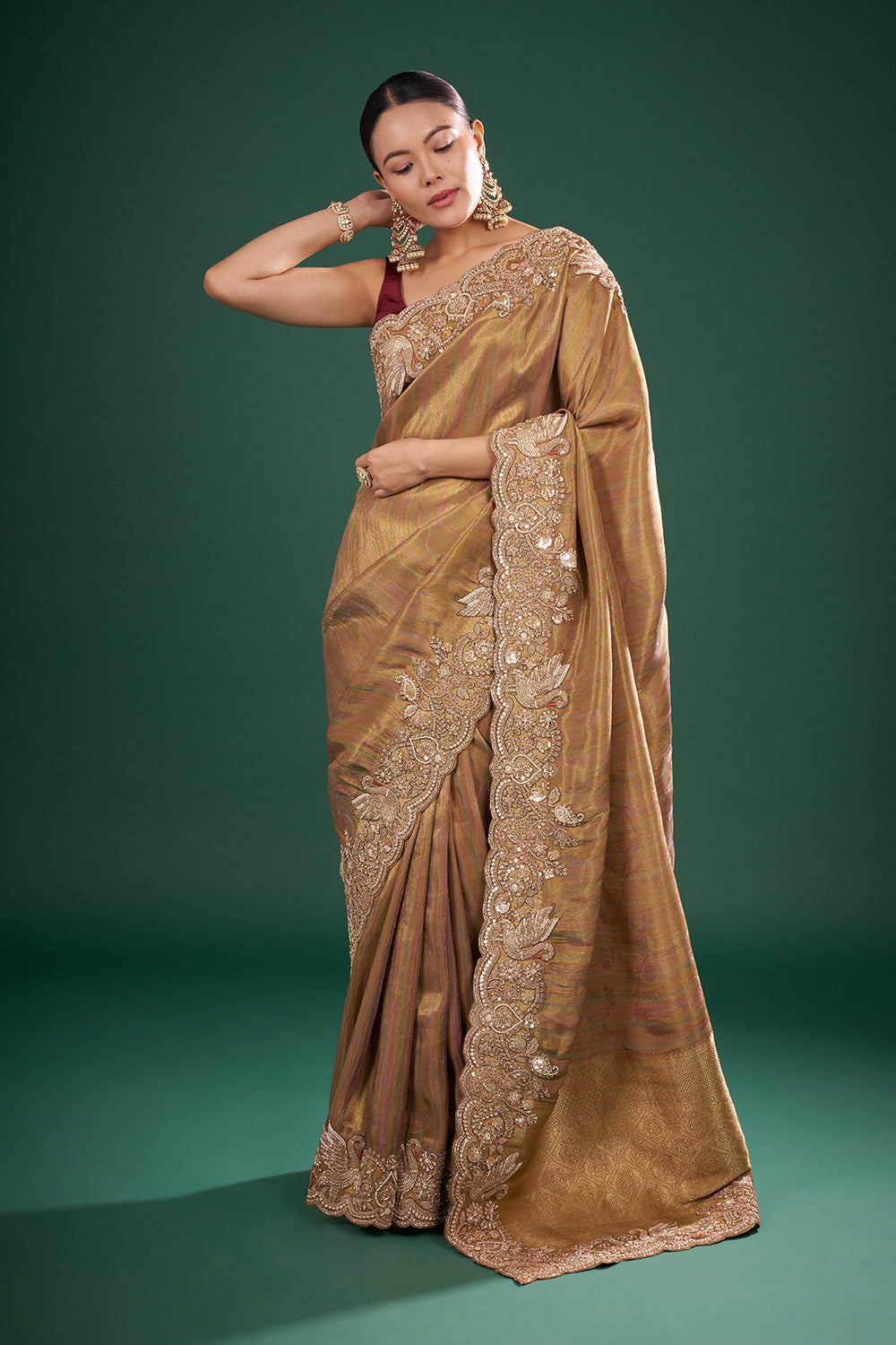 Gold Banarasi Brocade Saree with Zardozi Hand Embroidery and Unstitched Blouse