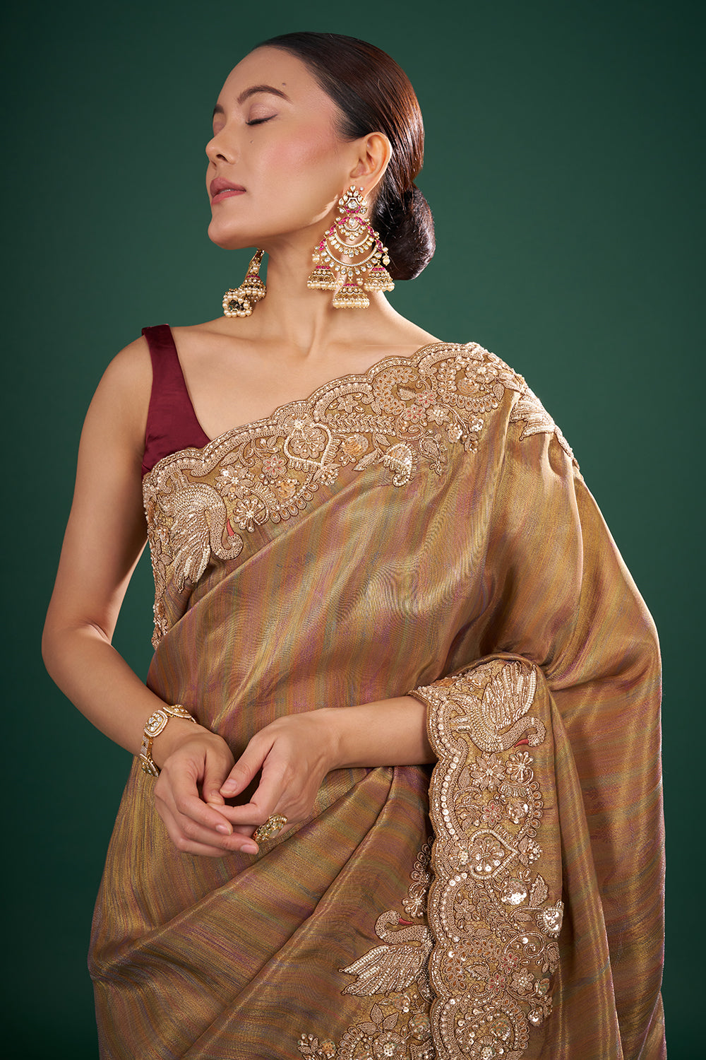 Gold Banarasi Brocade Saree with Zardozi Hand Embroidery and Unstitched Blouse