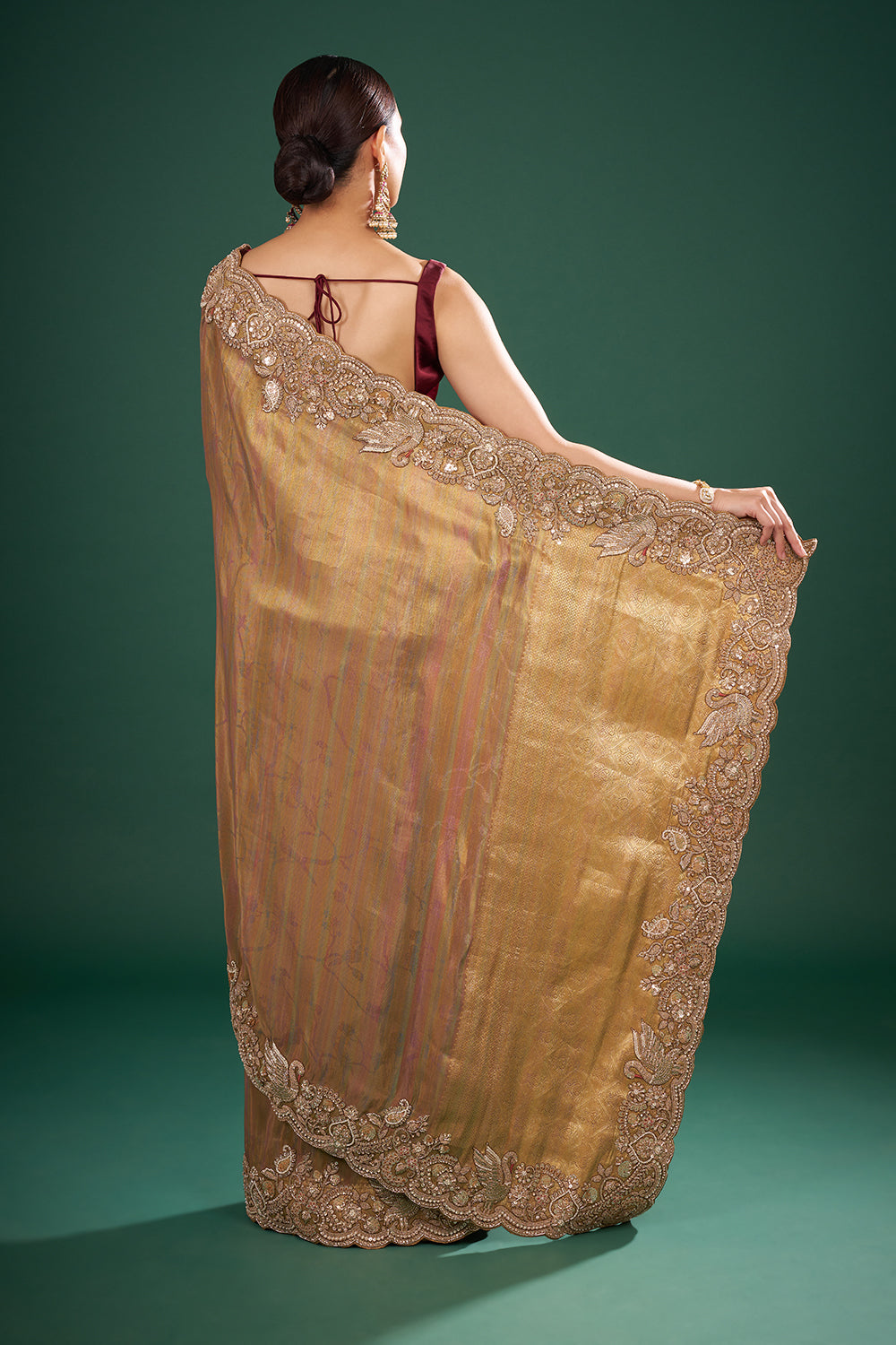 Gold Banarasi Brocade Saree with Zardozi Hand Embroidery and Unstitched Blouse