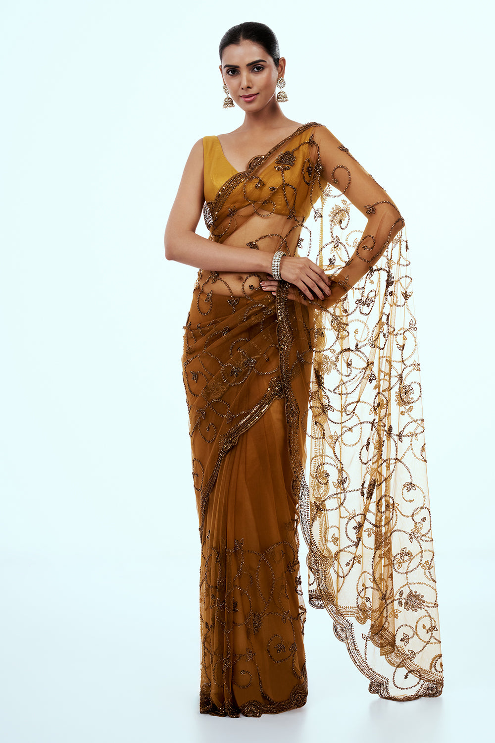Gold Bronze Shimmer Zari Tissue Embellished Saree