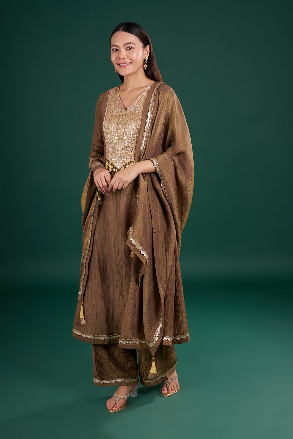 Brown Gold Kurta Set with Mirror Embroidery