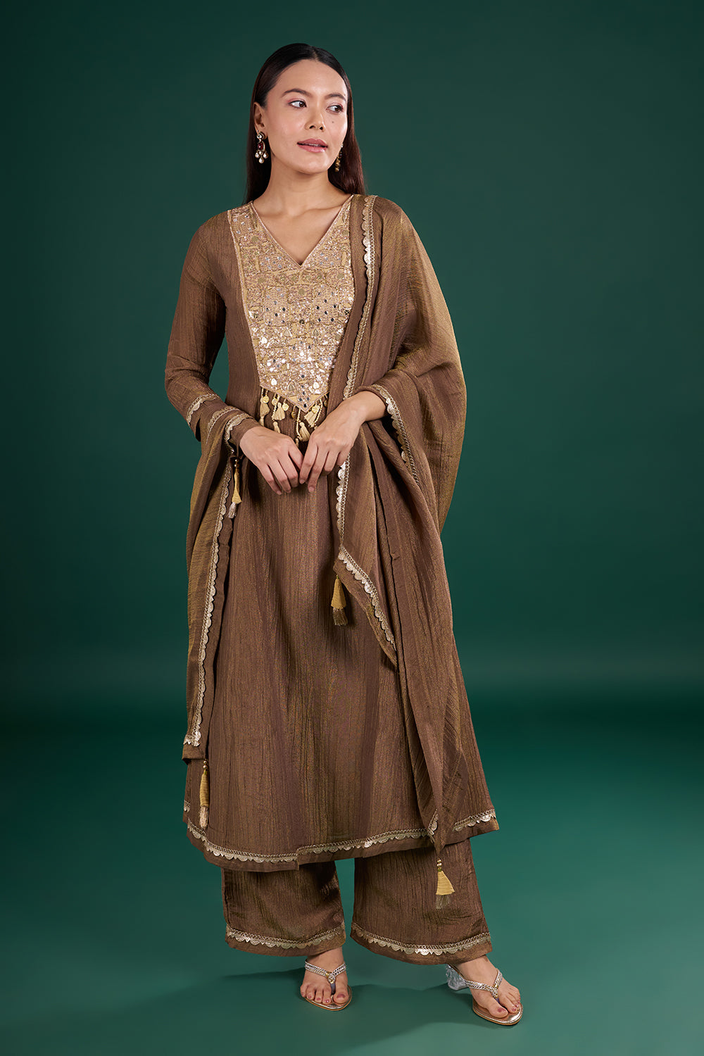 Brown Gold Kurta Set with Mirror Embroidery