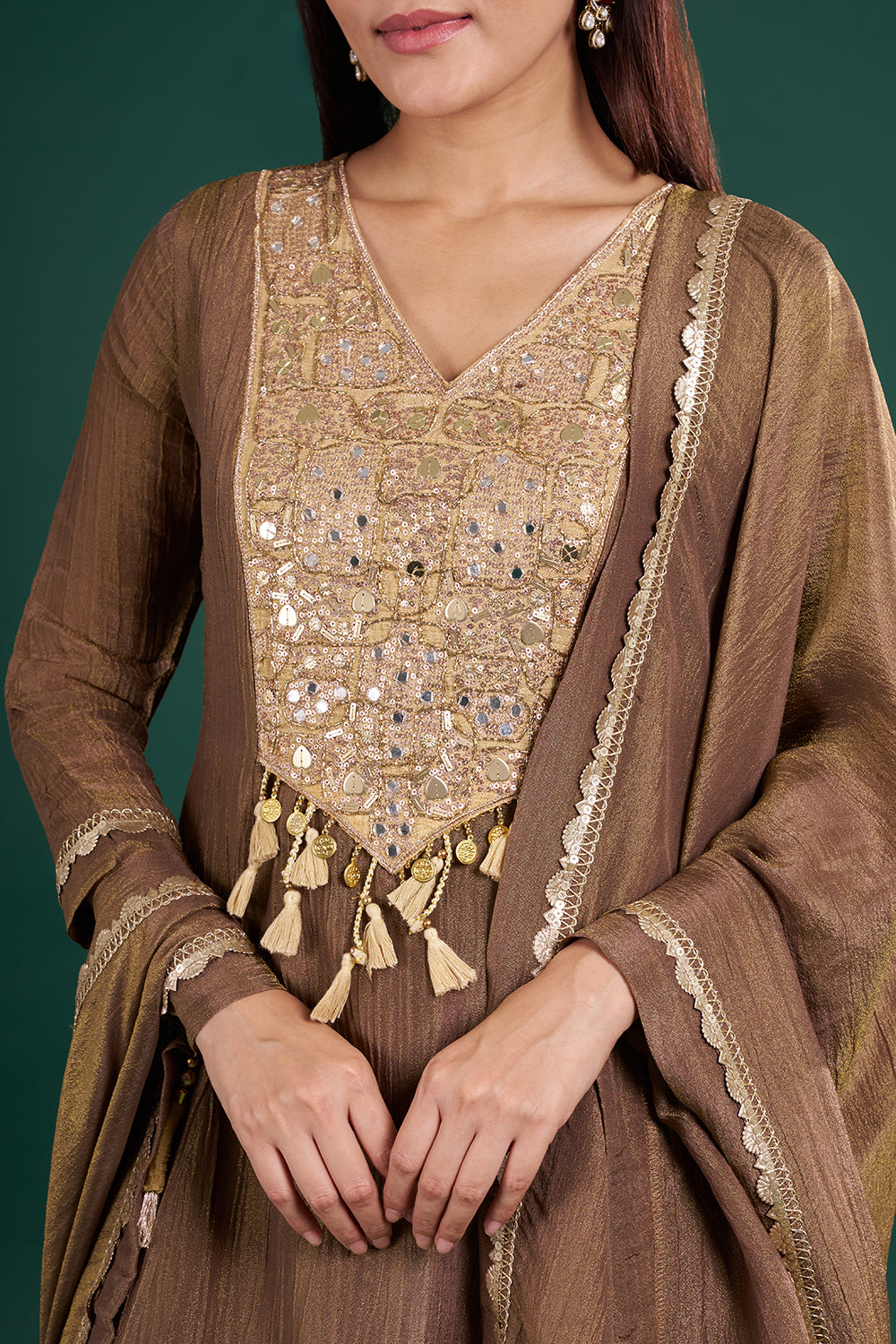 Brown Gold Kurta Set with Mirror Embroidery