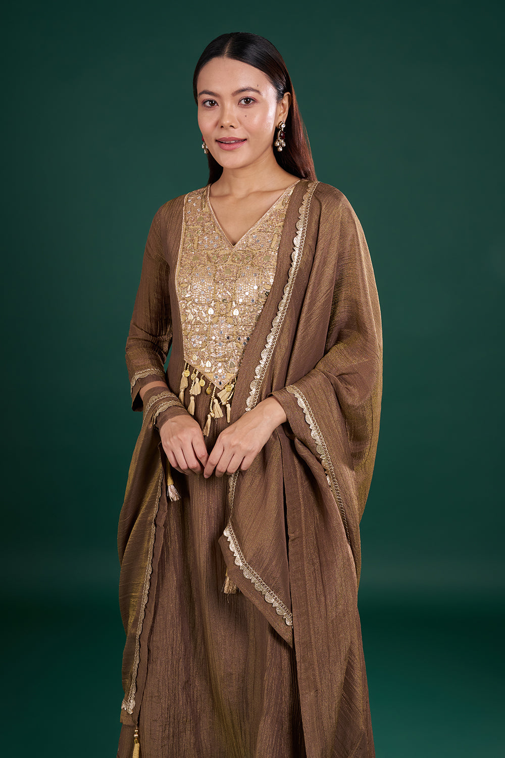 Brown Gold Kurta Set with Mirror Embroidery