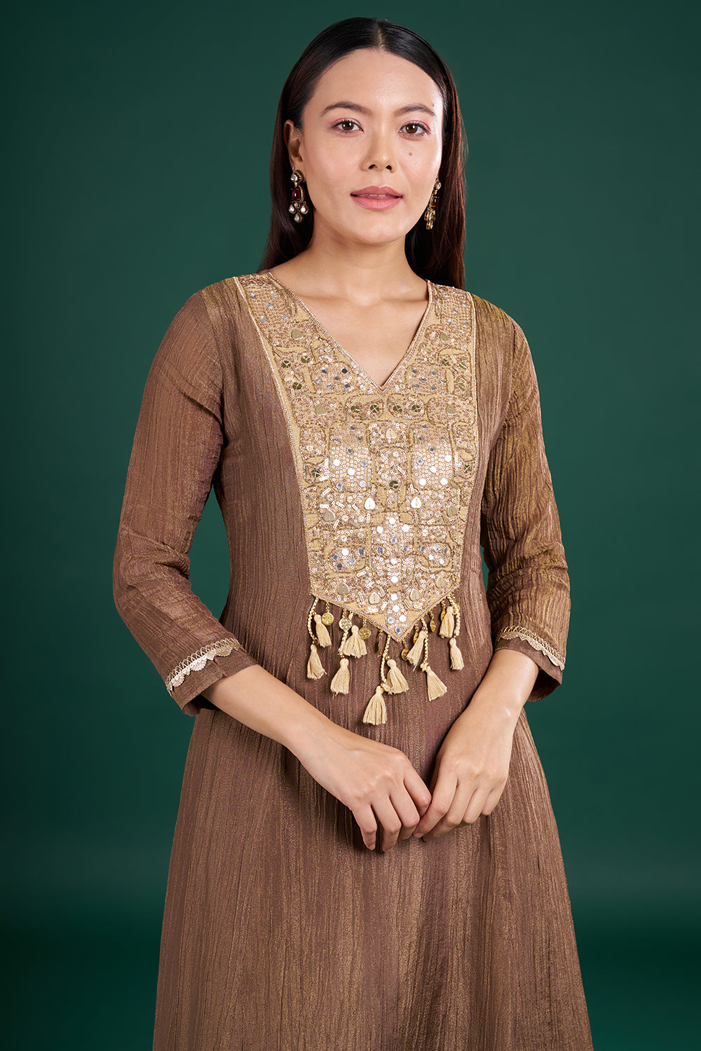 Brown Gold Kurta Set with Mirror Embroidery
