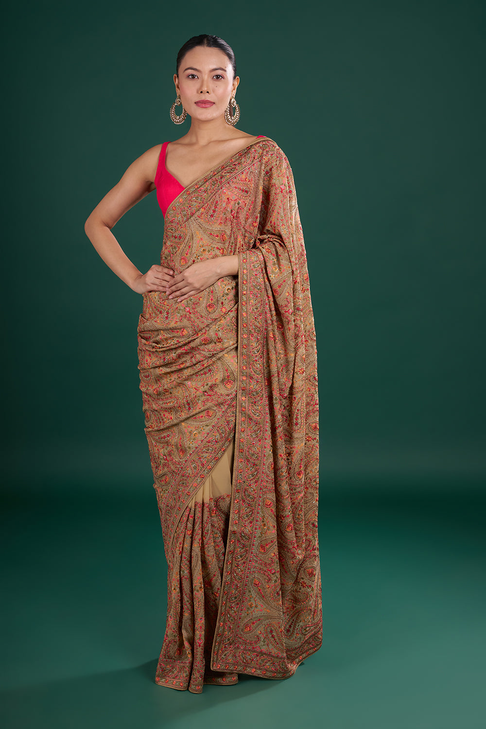 Multi Gold Viscose Georgette Saree with Paisley Embroidery and Unstitched Blouse