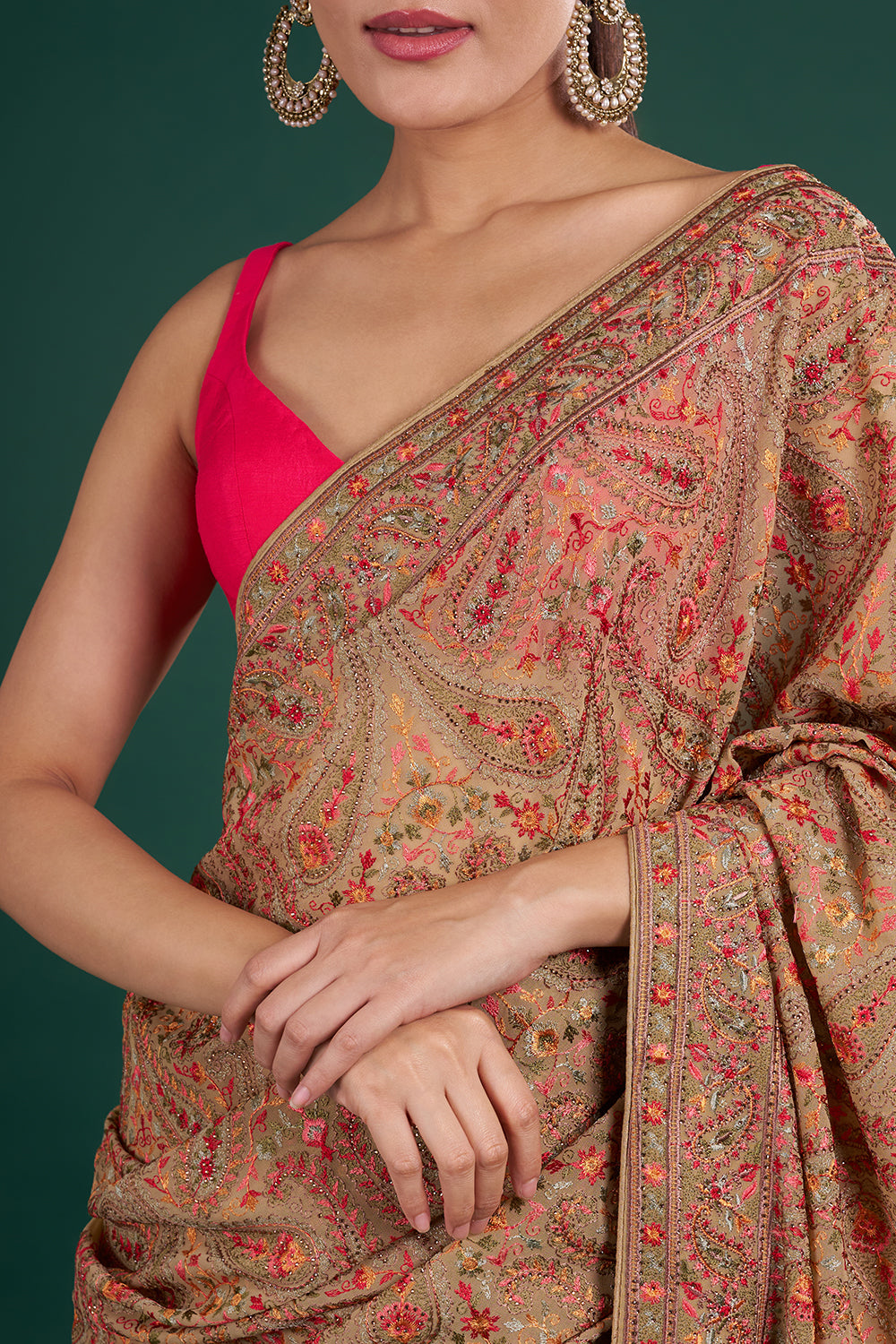 Multi Gold Viscose Georgette Saree with Paisley Embroidery and Unstitched Blouse