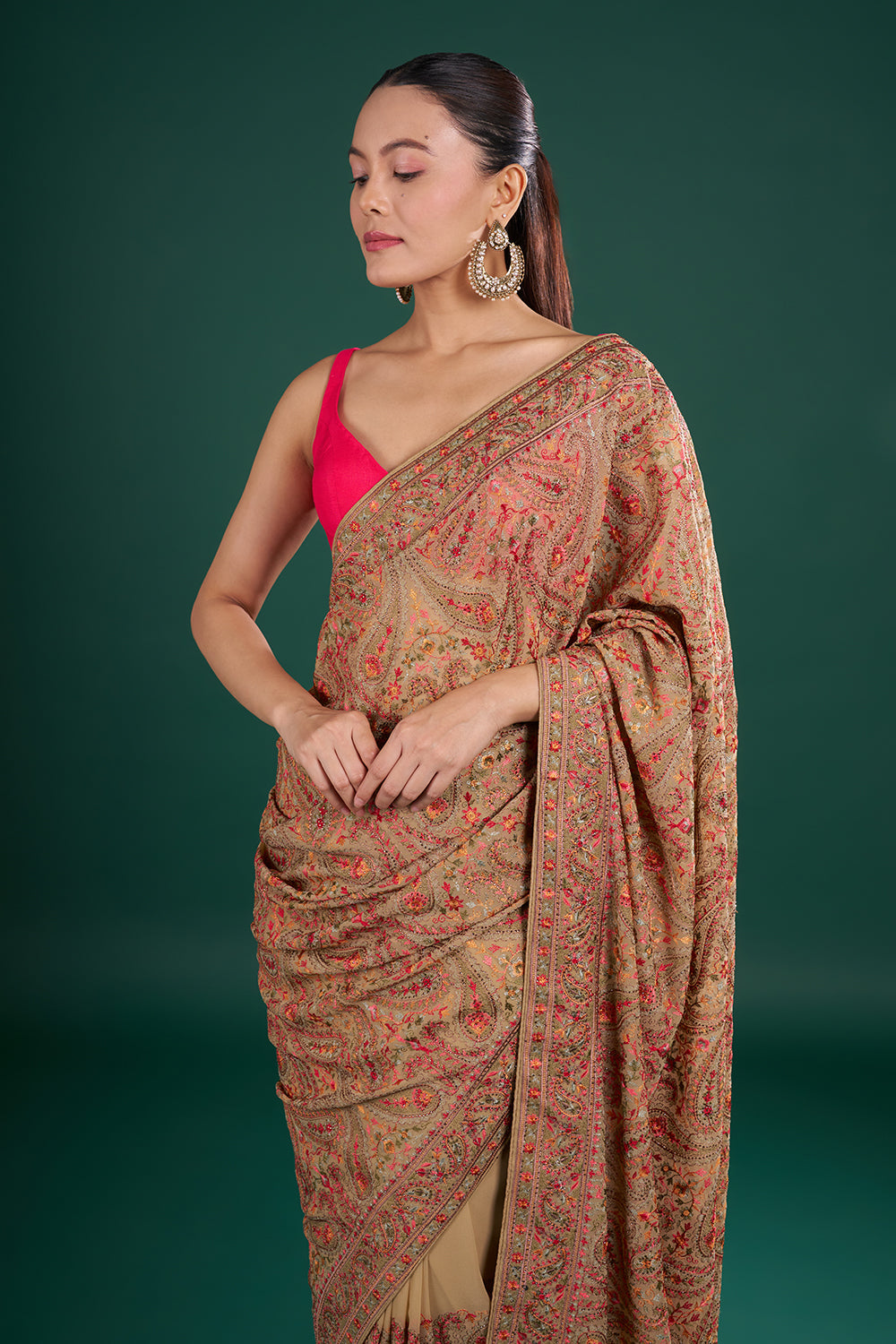 Multi Gold Viscose Georgette Saree with Paisley Embroidery and Unstitched Blouse