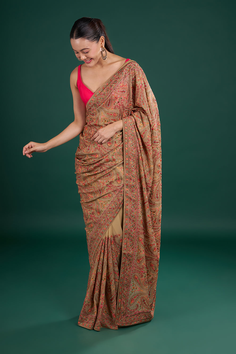 Multi Gold Viscose Georgette Saree with Paisley Embroidery and Unstitched Blouse