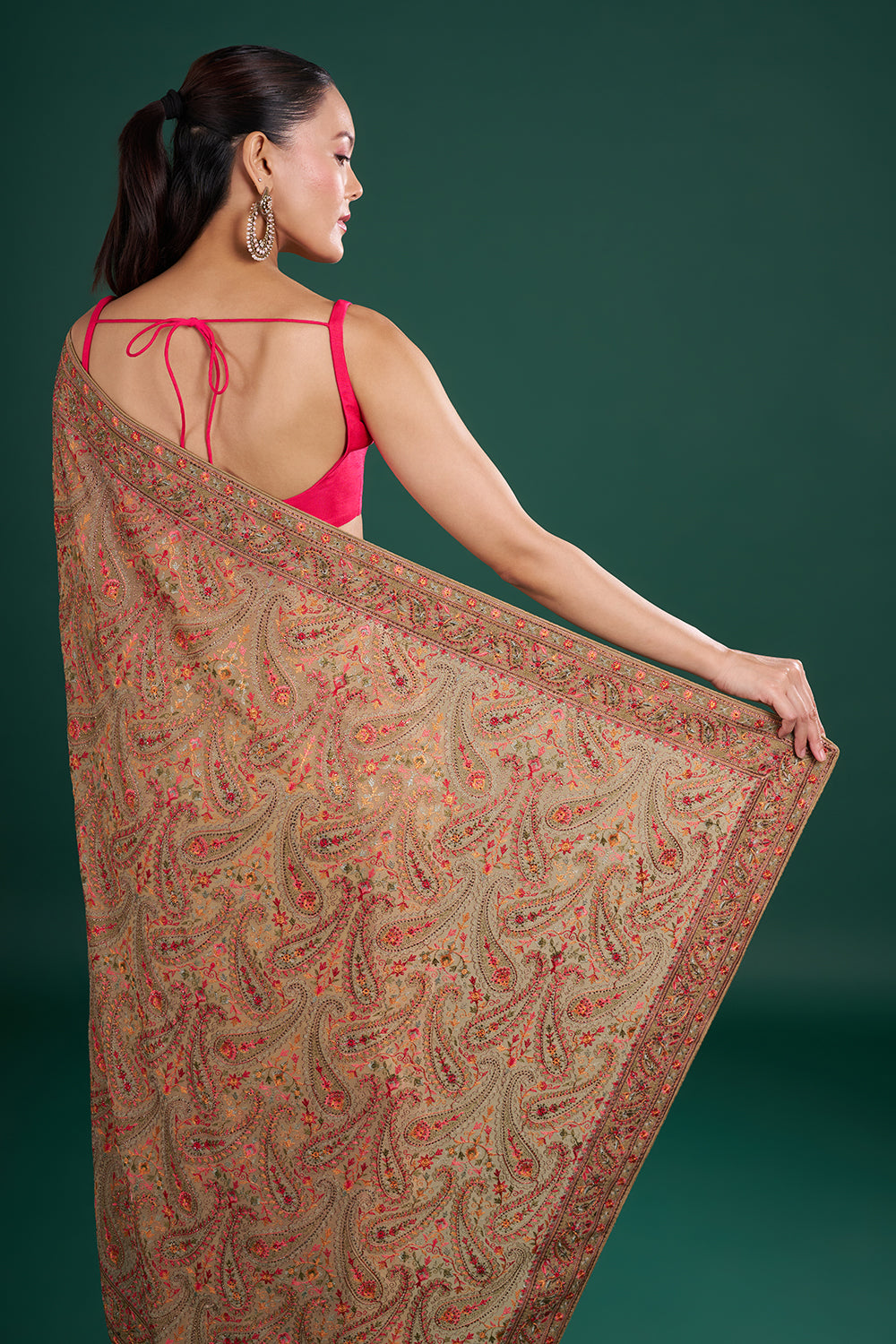 Multi Gold Viscose Georgette Saree with Paisley Embroidery and Unstitched Blouse